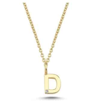 Enkelt og helt personlig vedhæng med bogstav D udført i 14 karat guld, og med 0,005w/si brilliant fra Nuran – V2200-D 0005