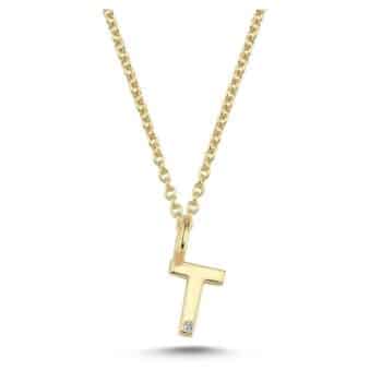 Enkelt og helt personlig vedhæng med bogstav T udført,  i 14 karat guld og med en 0,005w/si brilliant fra Nuran - V2200-T 0005