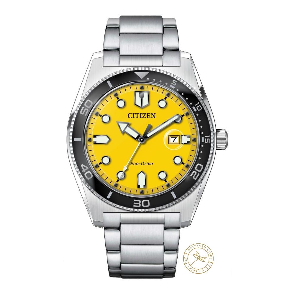 Citizen Marine Eco-Drive Herreur AW1760-81Z – sporty herreur i rustfrit stål med gul skive, mineralglas og 100m vandtæthed.