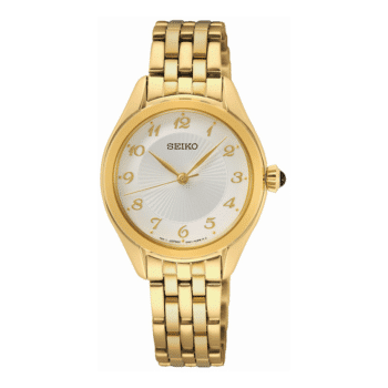 Seiko Classic SUR384P1 dameur med hvid urskive og guldfarvet stållænke