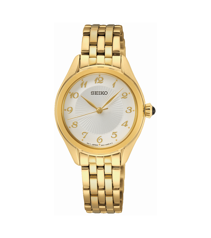 Seiko Classic SUR384P1 dameur med hvid urskive og guldfarvet stållænke