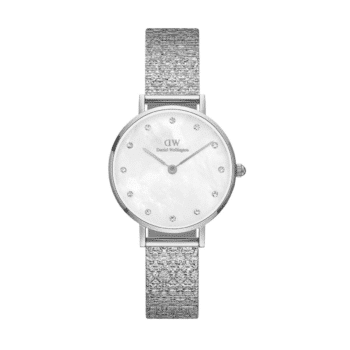 Enkelt og helt klassisk er Daniel Wellington Peite Lumine, med den flotte perlemors urskive og mesh lænke med fine detaljer - DW00100592.