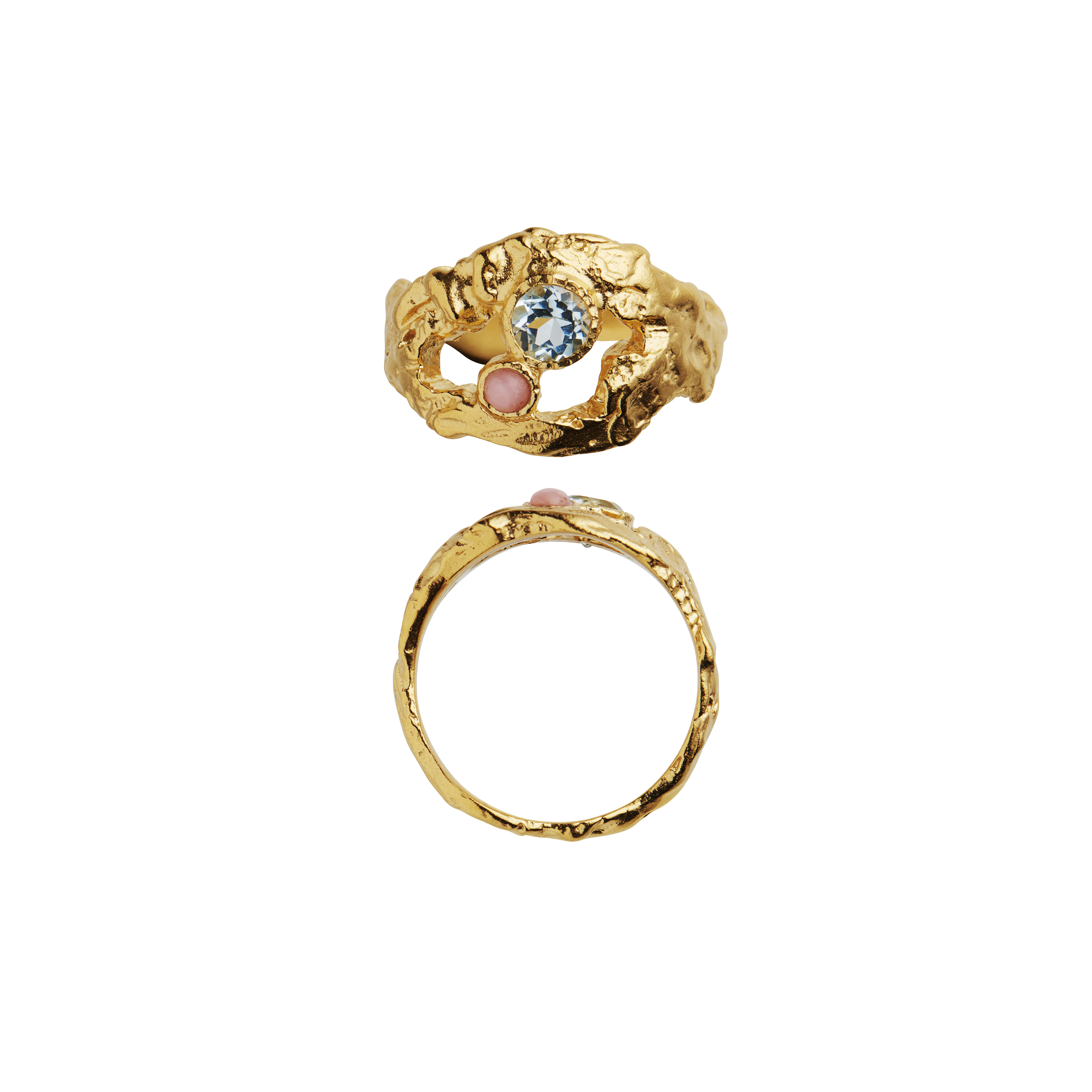 Stine A MY LOVE ROCK Ring 4049-02 Smuk forgyldt ring med rustik overflade og sirligt udvalgte ædelsten som pink opal og blå topas,