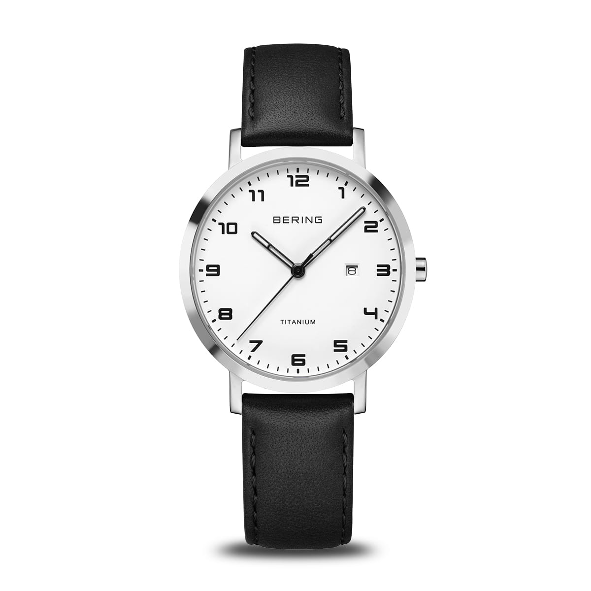Bering Titanium Dameur 18634-404 med hvid urskive og sort skindrem