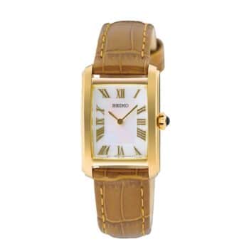 Seiko SWR100P1 dameur hvid perlemorsskive, romertal og lys brun læderrem