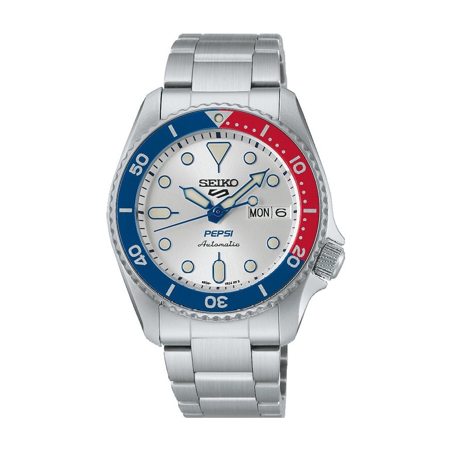 Seiko 5 Sports x Pepsi Limited Edition – SRPL99K1 - Ikonisk rød/blå bezel, sølvfarvet skive og automatikværk. Begrænset oplag på 7.000 stk.