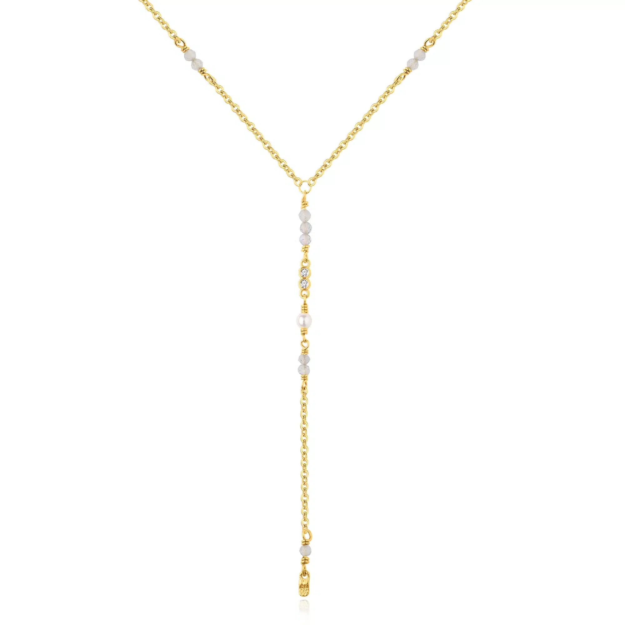 WiOGA Gesa Halskæde Forgyldt N-10020-GP - elegant og feminin Y kæde med fine detaljer af månesten og små ferskvandsperler.