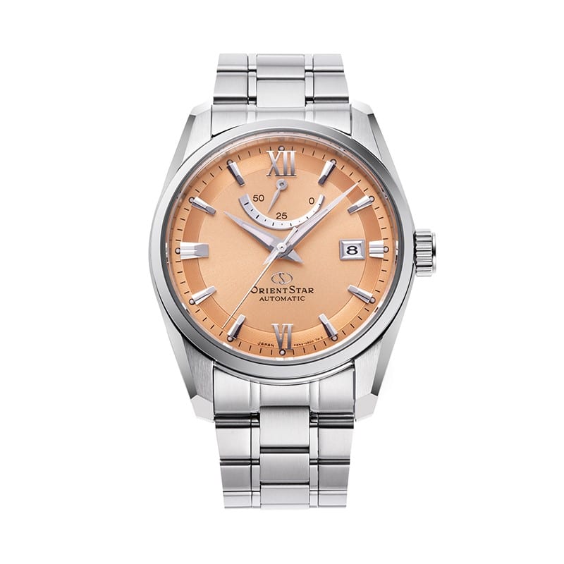 Orient Star Contemporary Date RE-AU0108G - 39 mm stålkasse, kobber skive og safirglas. Japansk kvalitet med automatisk værk og 100 m vandtæthed.