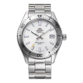 Orient Mako Diver RA-AC0Q03S er et automatic dykkerur med hvid urskive, safirglas, stållænke og 20 ATM vandtæthed.